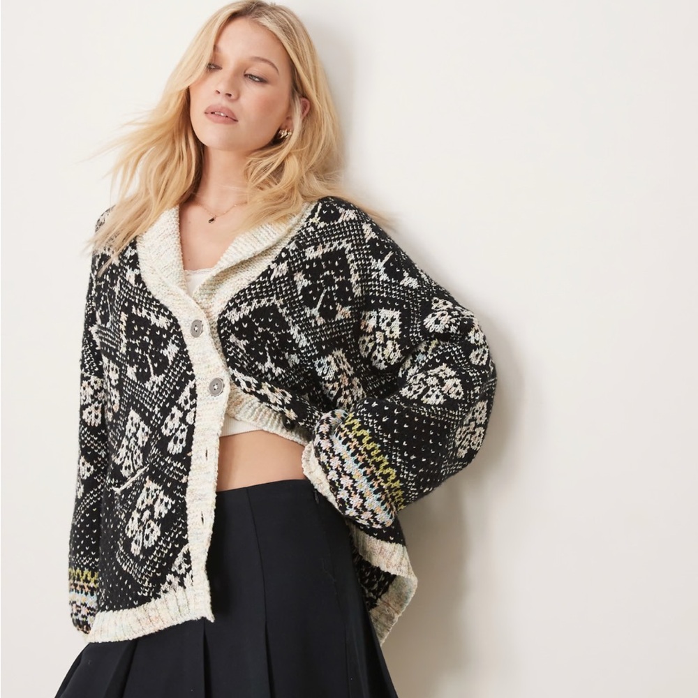 Free People Black and Cream Patterned Cardigan